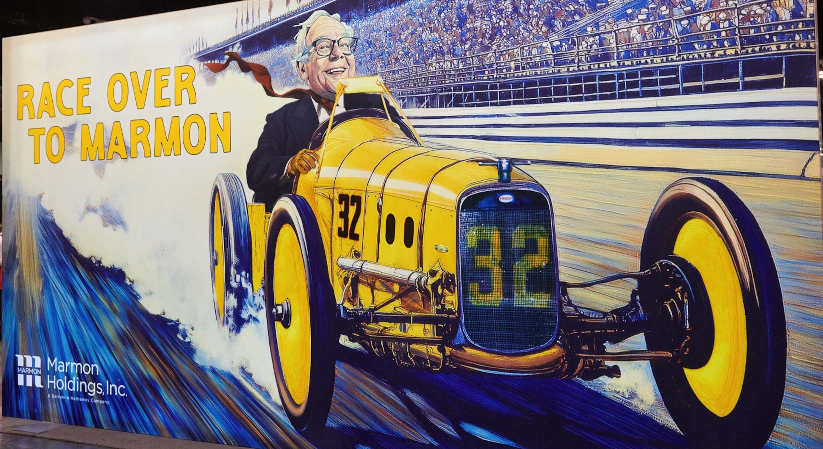 Dibujo de Warren Buffett a bordo de un coche de carreras