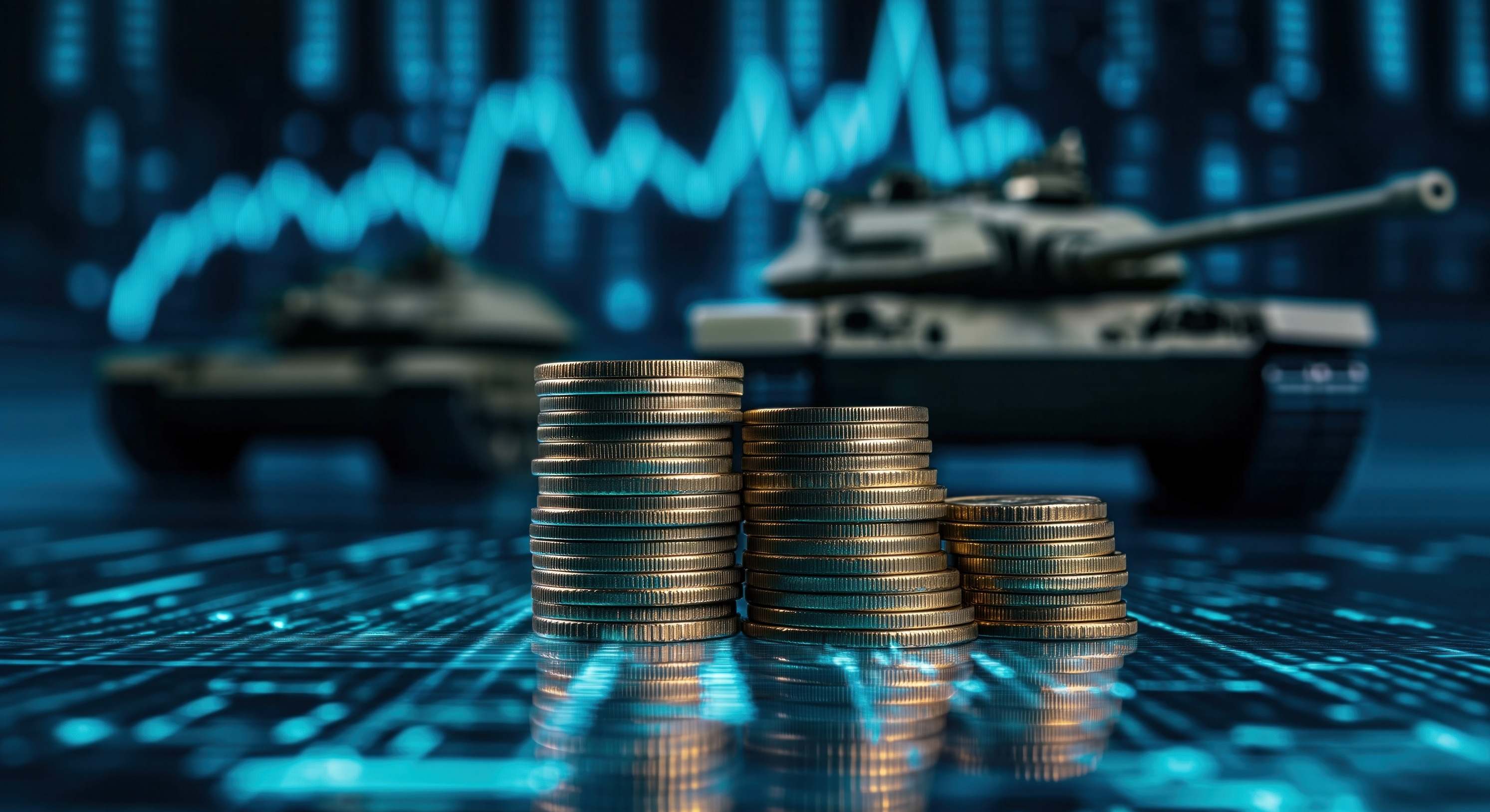 Una gráfica bursátil con montones de monedas y unos tanques