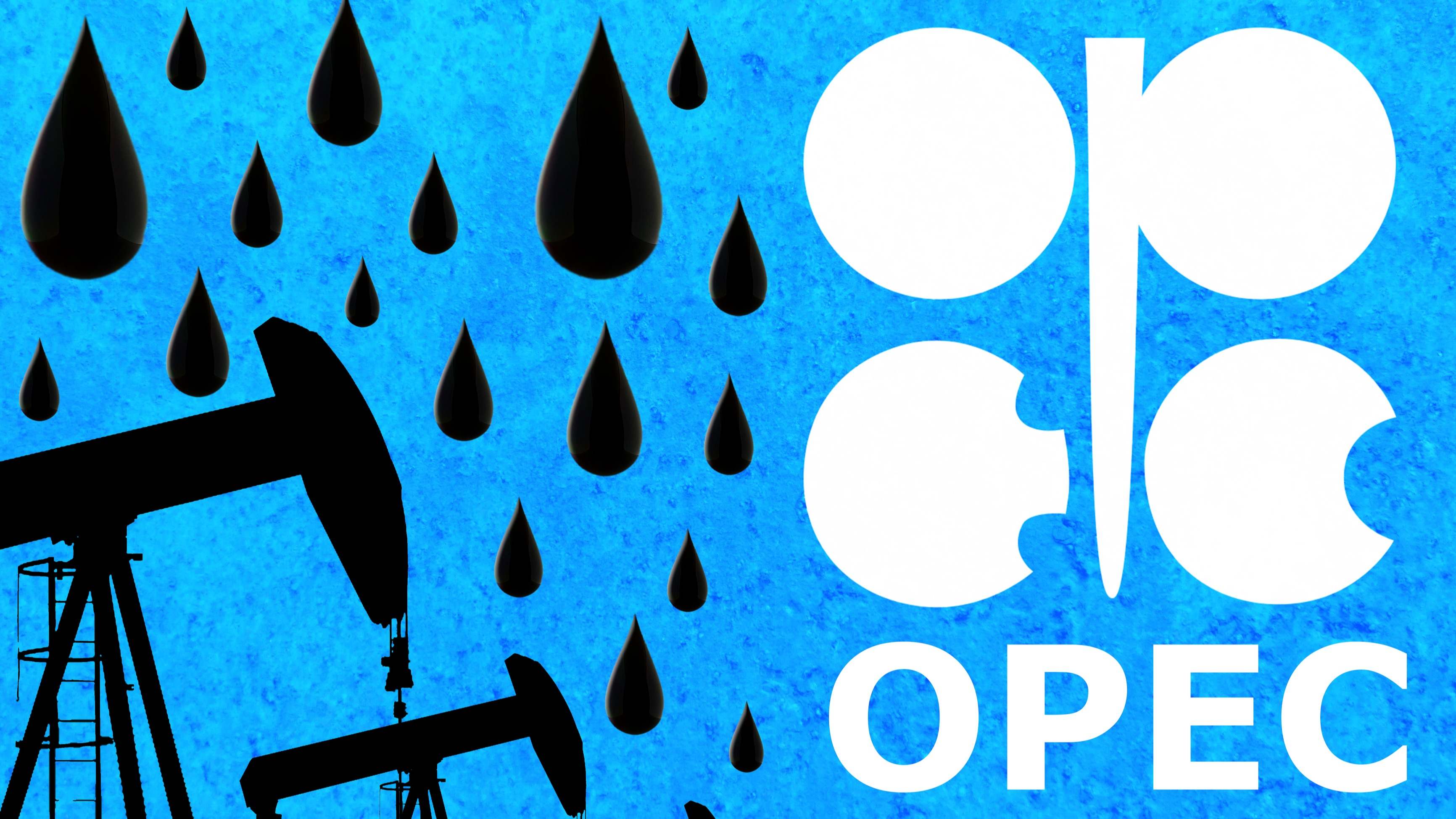 El logo de la OPEP sobre un fondo azul con plataformas de petróleo