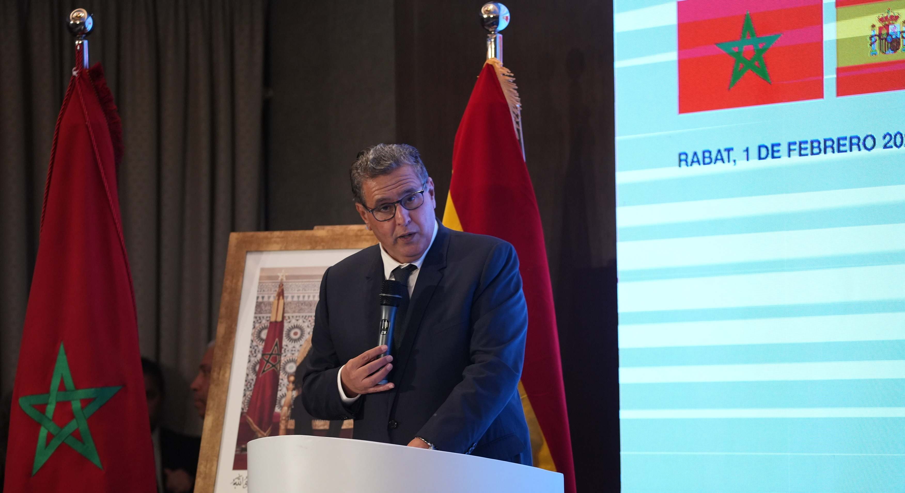 El primer ministro marroquí, Aziz Akhannouc, durante un foro empresarial España-Marruecos celebrado en 2023