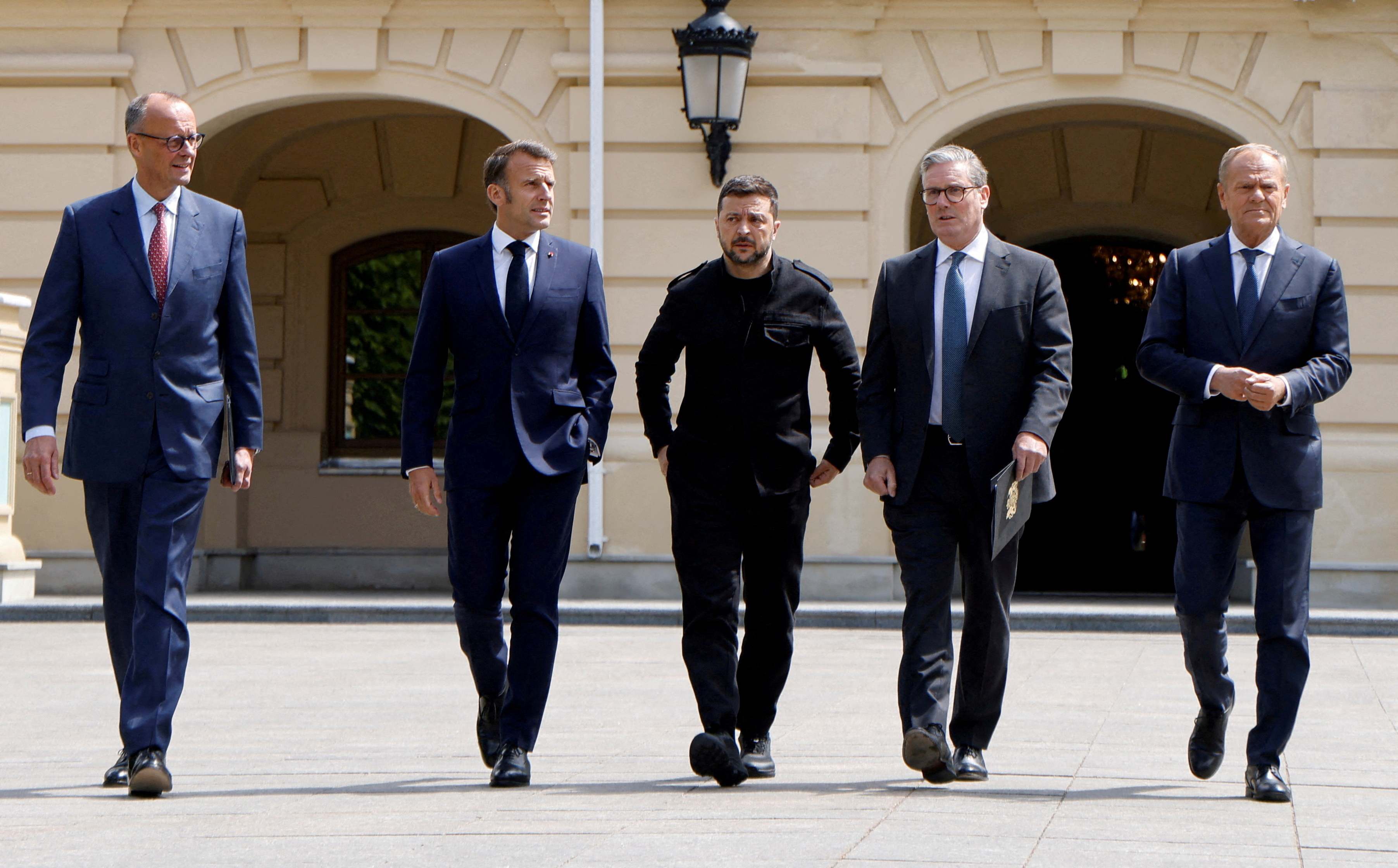 El canciller alemán, Friedrich Merz, el presidente de Francia, Emmanuel Macron, el presidente de Ucrania, Volodimir Zelensky, el primer ministro británico, Keir Starmer y el primer ministro polaco, Donald Tusk