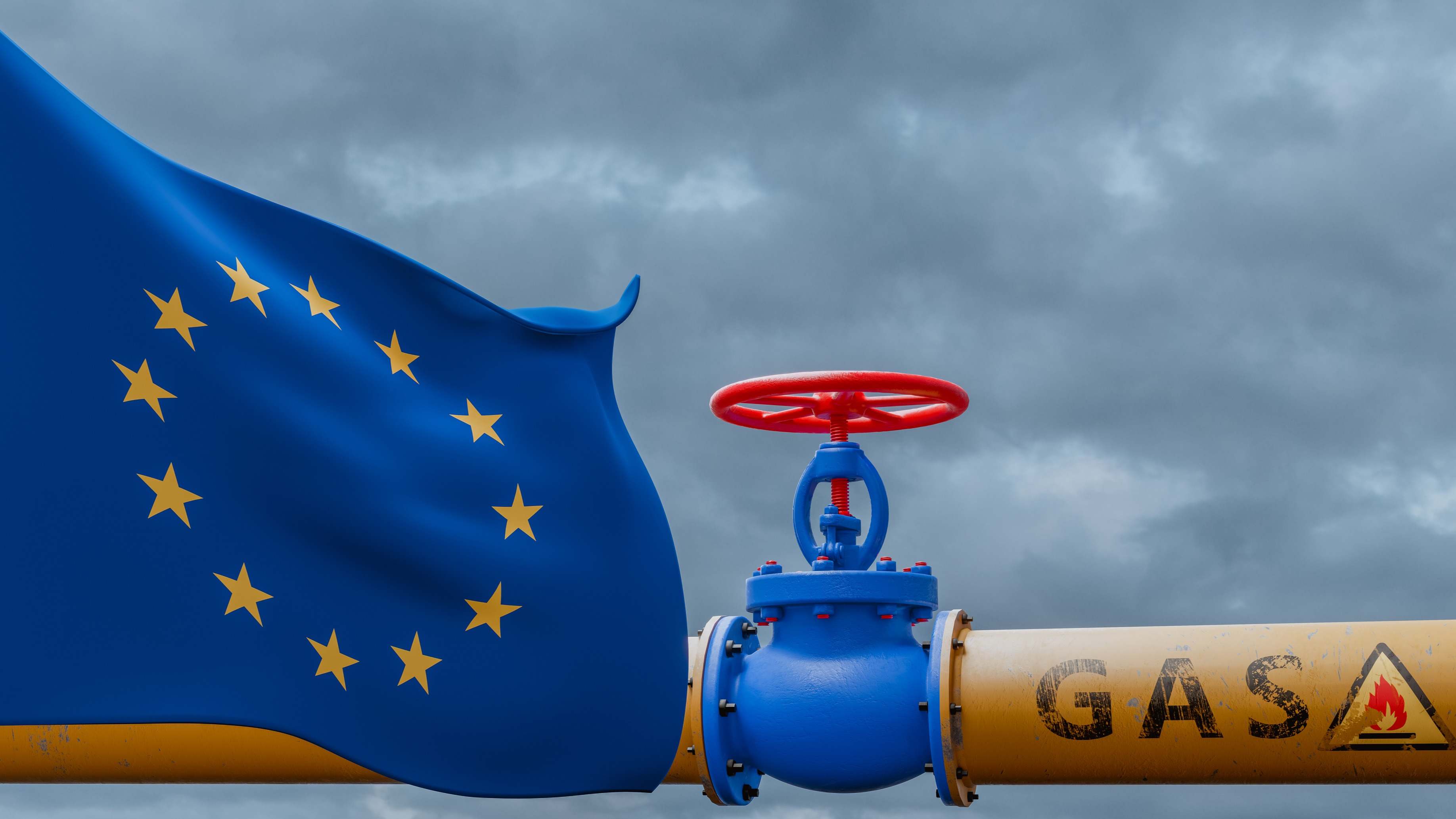 Un bandera de Europa onde sobre un gaseoducto