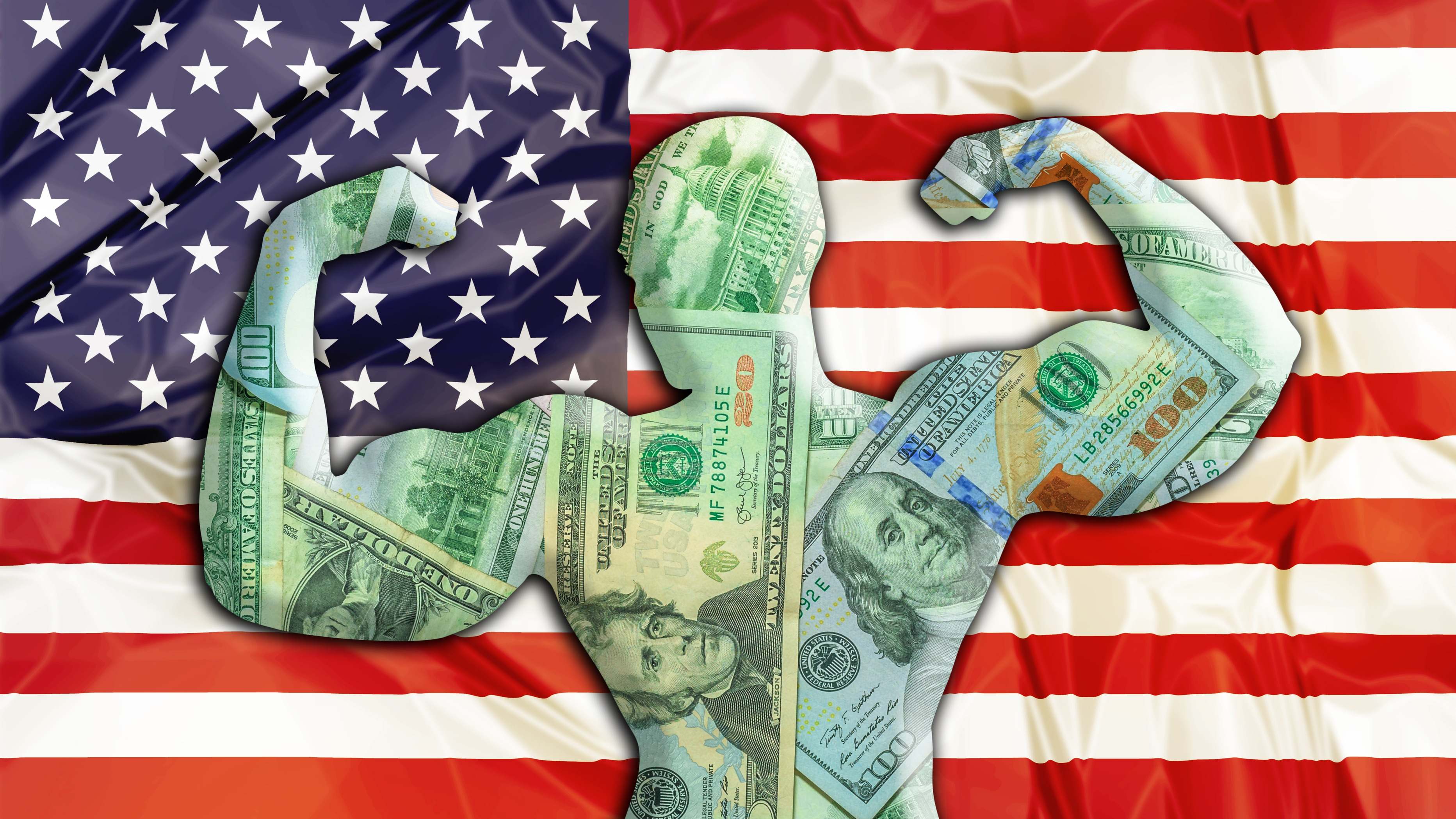 Una silueta de dólares saca músculo sobre una bandera de Estados Unidos