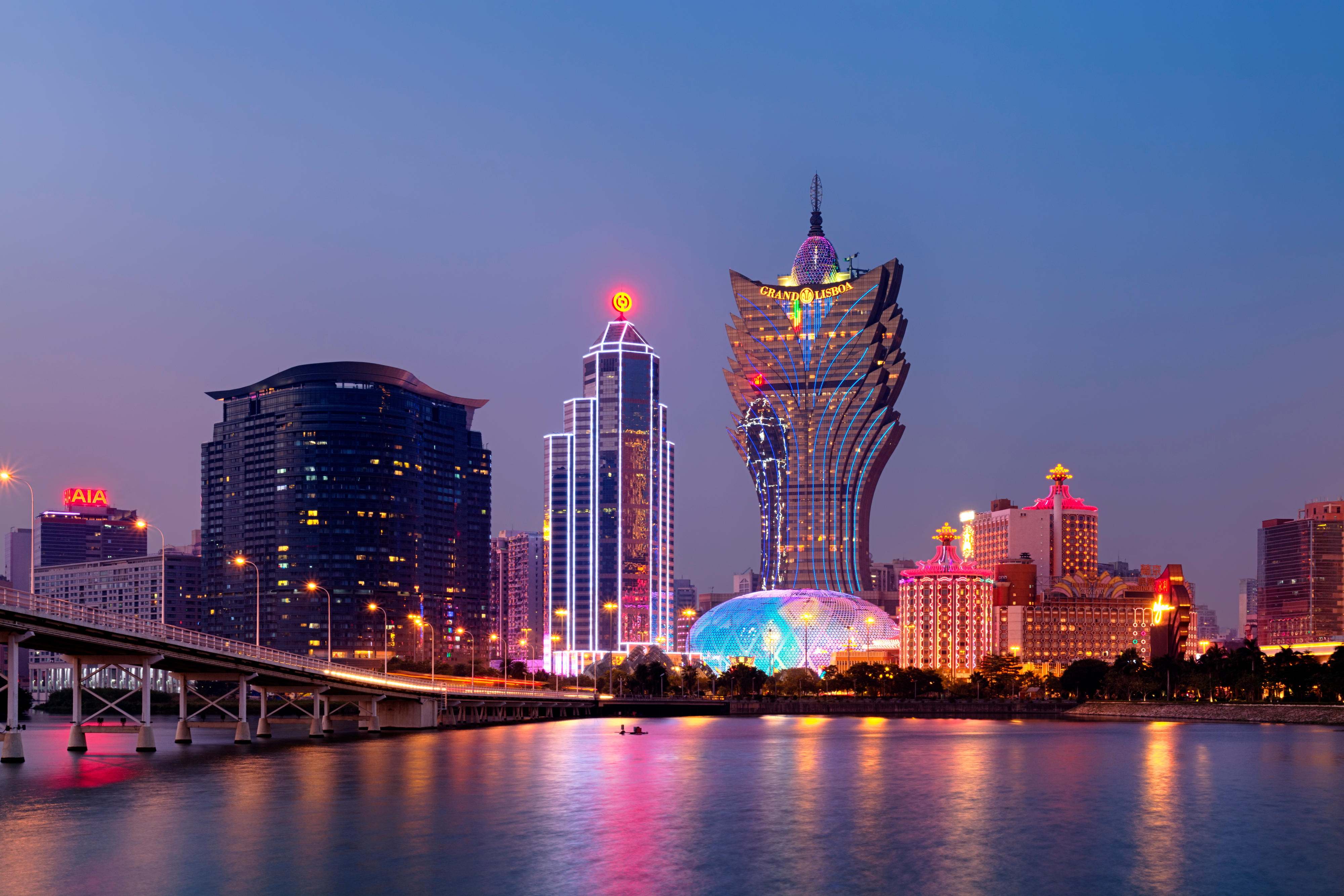 rascacielos, Macao, noche, luces