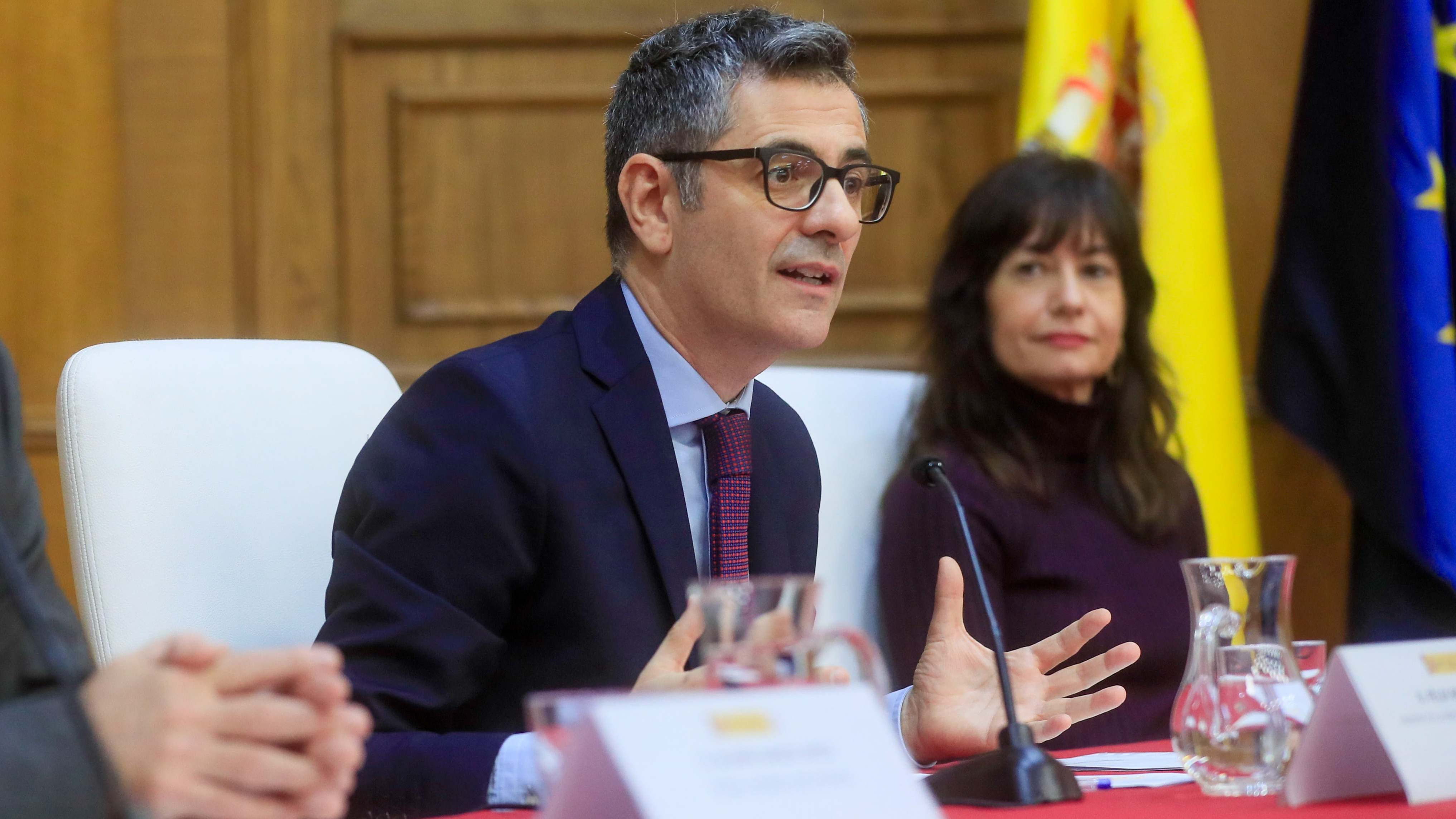 El ministro de la Presidencia, Justicia y Relaciones con las Cortes, Félix Bolaños, en la inauguración del curso selectivo de la 62ª promoción de acceso a la carrera fiscal