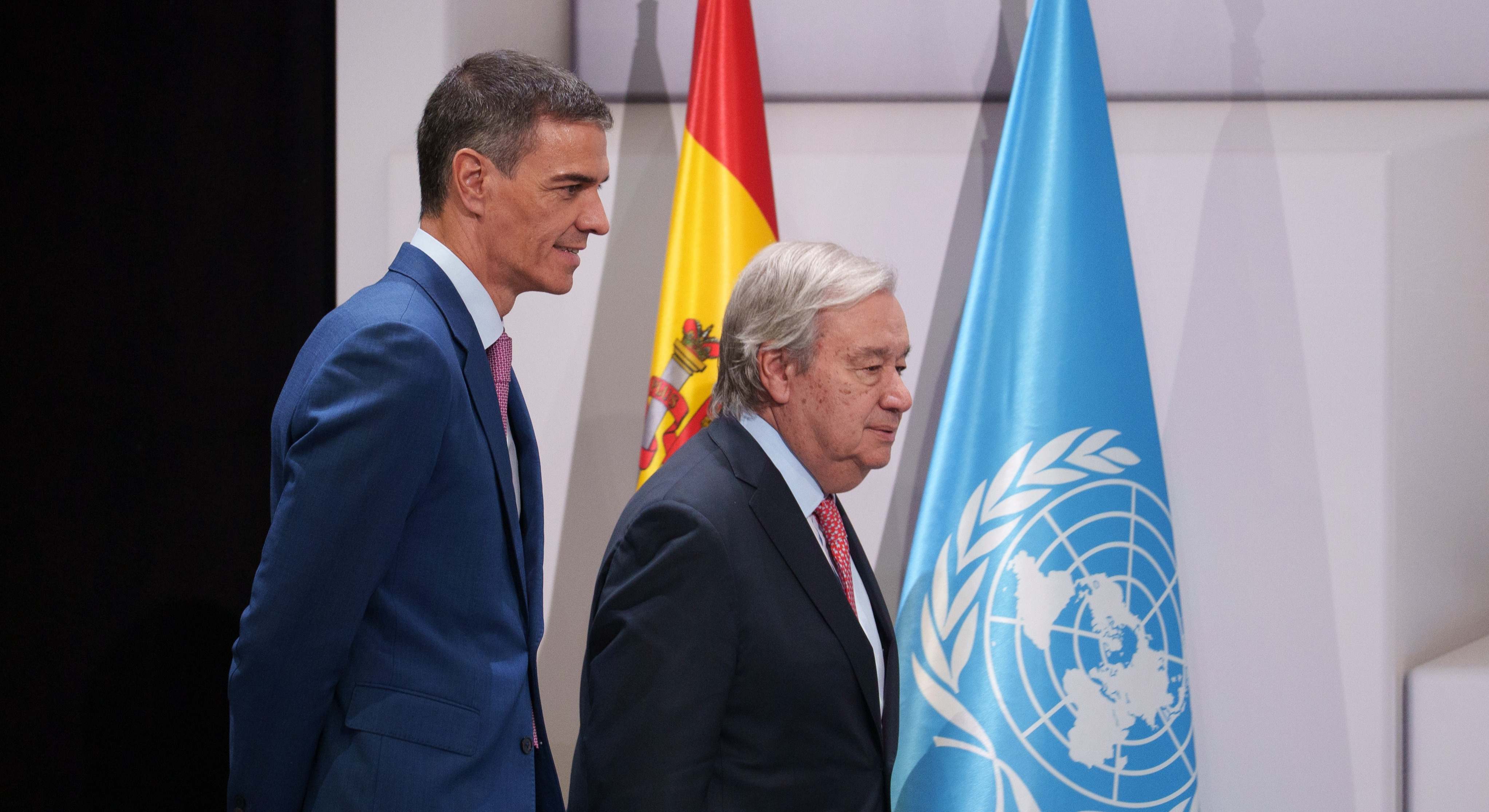El presidente del Gobierno, Pedro Sánchez, y el secretario general de Naciones Unidas, António Guterres. Foto: Europa Press