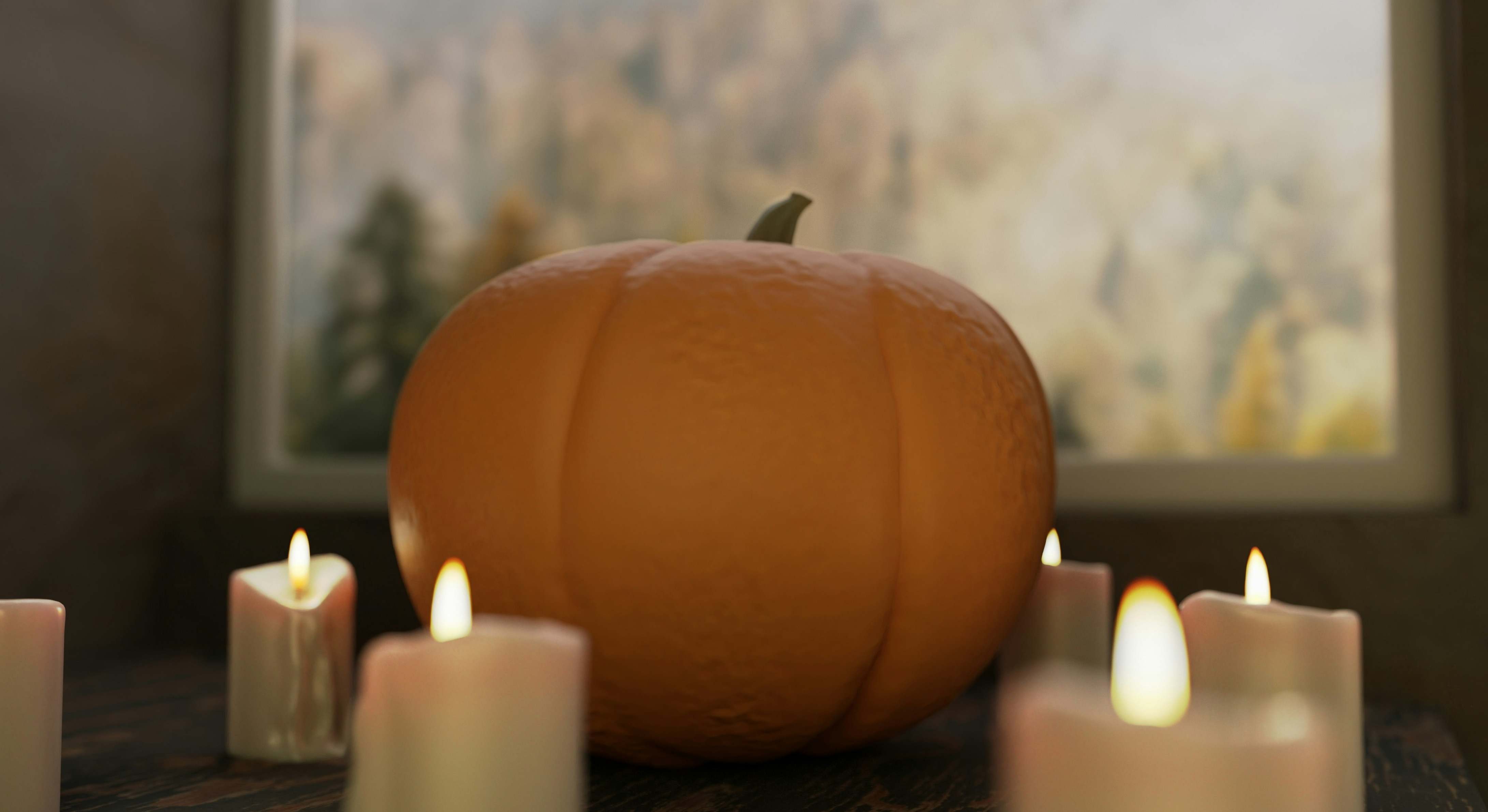 Casa decorada con varias velas una calabaza en Halloween