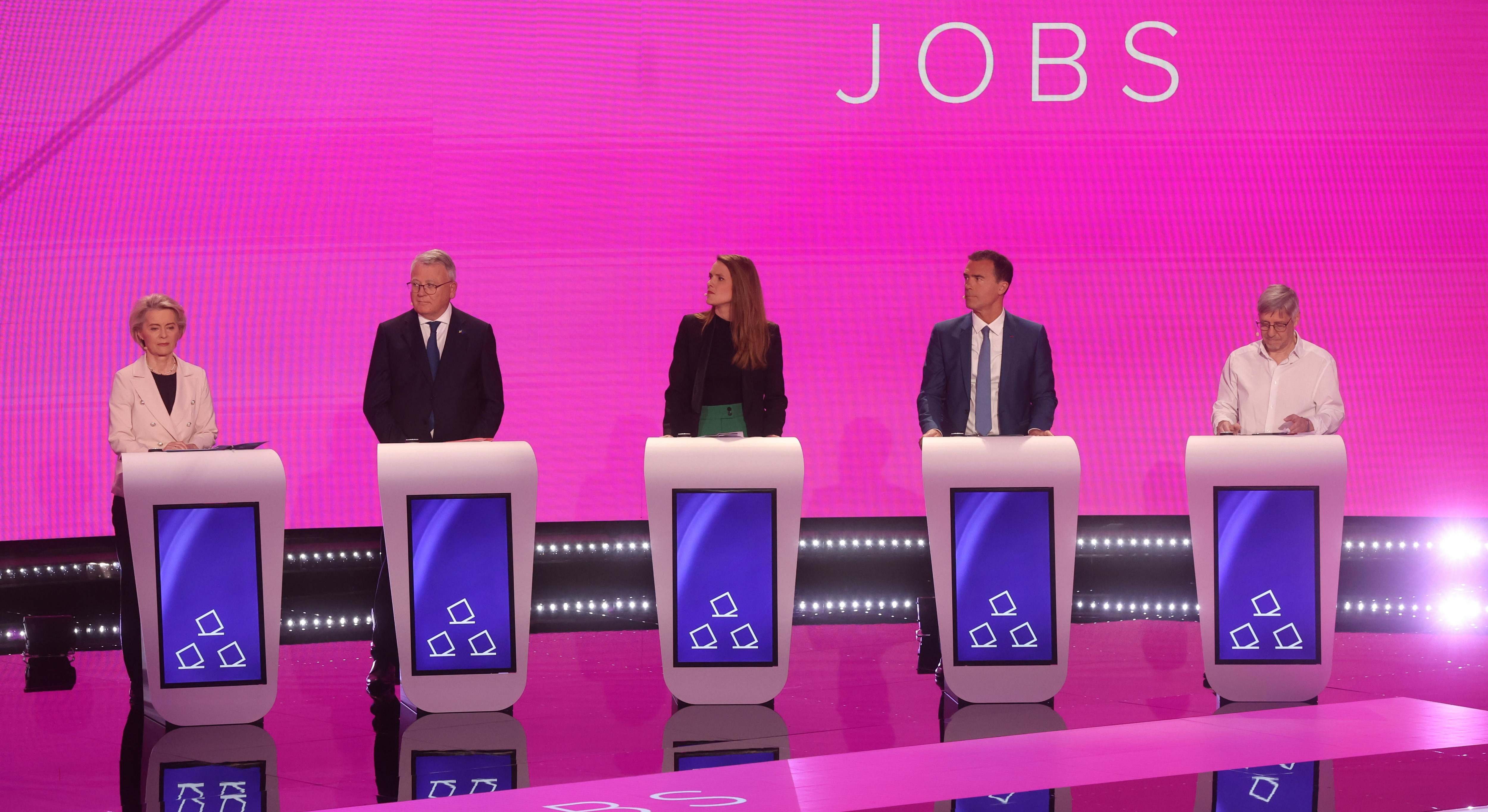 Los candidatos Ursula von der Leyen, Nicolas Schmit, Terry Reintke, Sandro Gozi y Walter Baier.