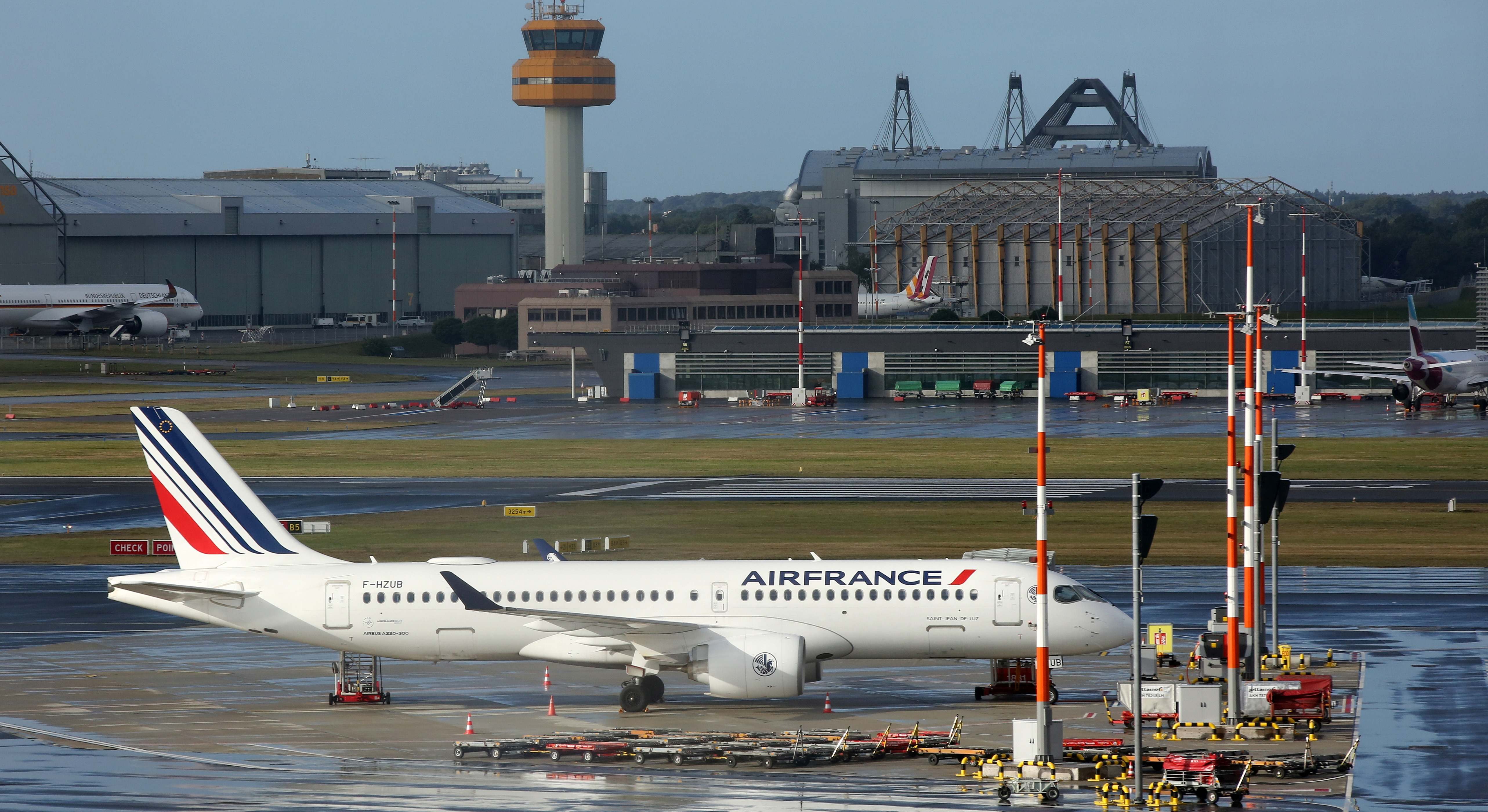 A plane of the French airline Air France stands at Hamburg Airport