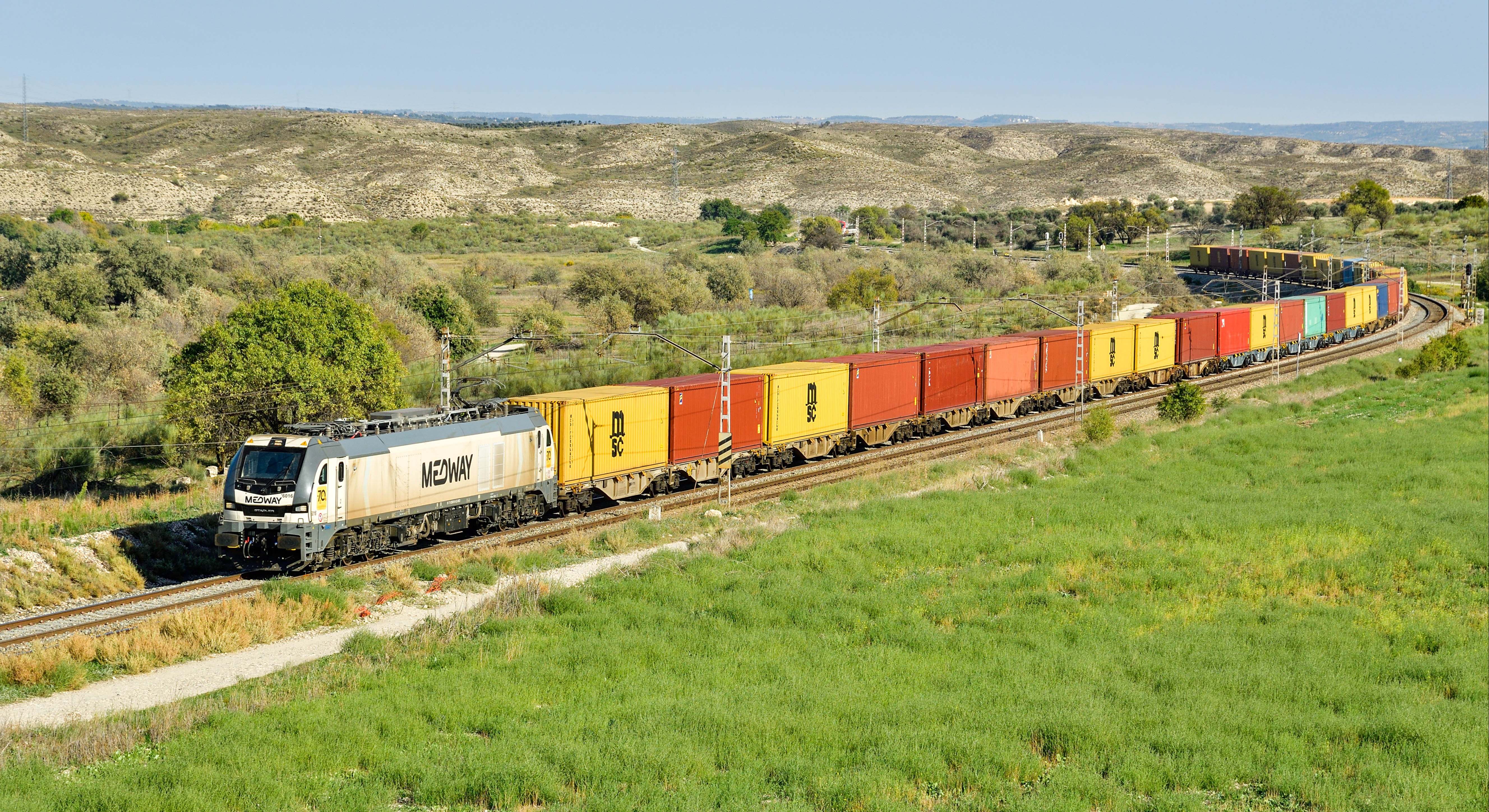 Tren de mercancías de Medway entre Valencia y Madrid a su paso por Valdemoro. / Cesare Sapienza