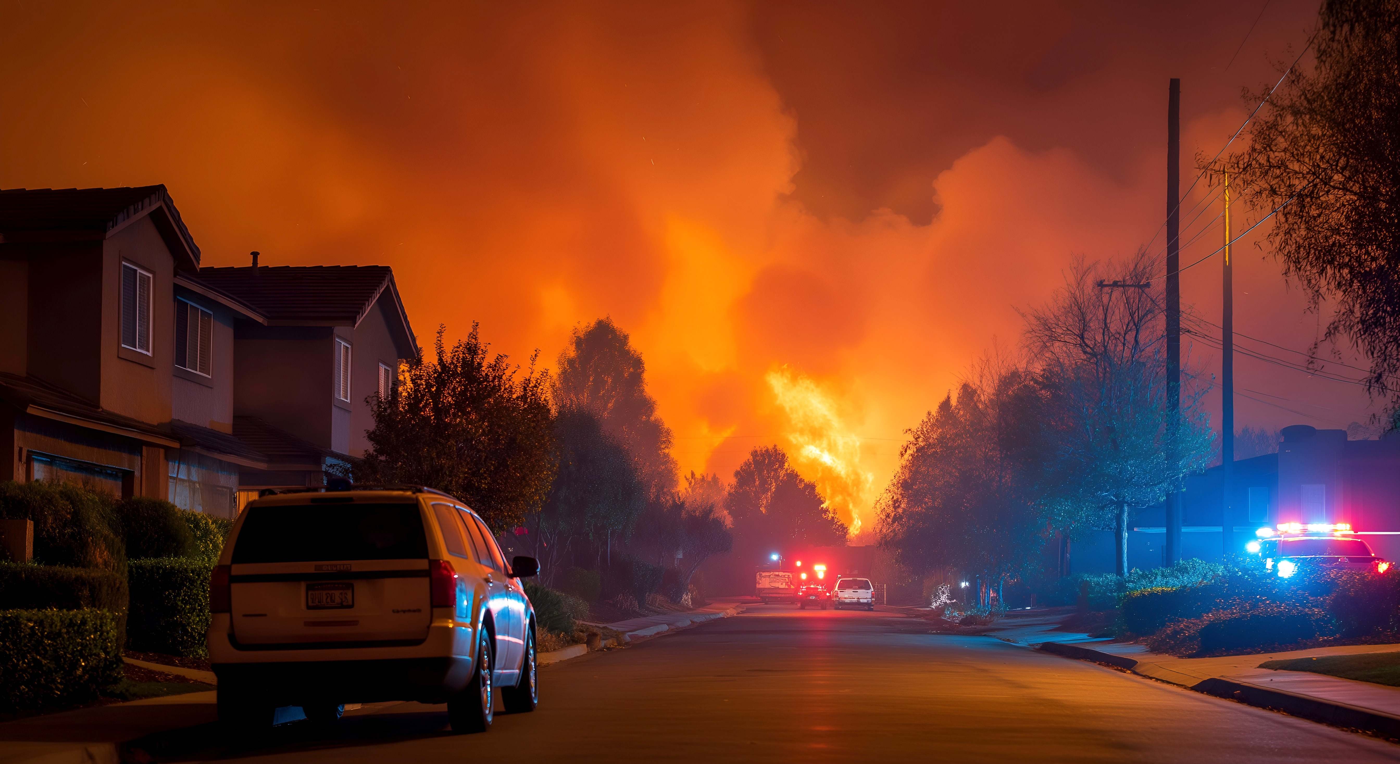 Incendios masivos se acercan al barrio residencial por la noche con vehículos de respuesta de emergencia presentes