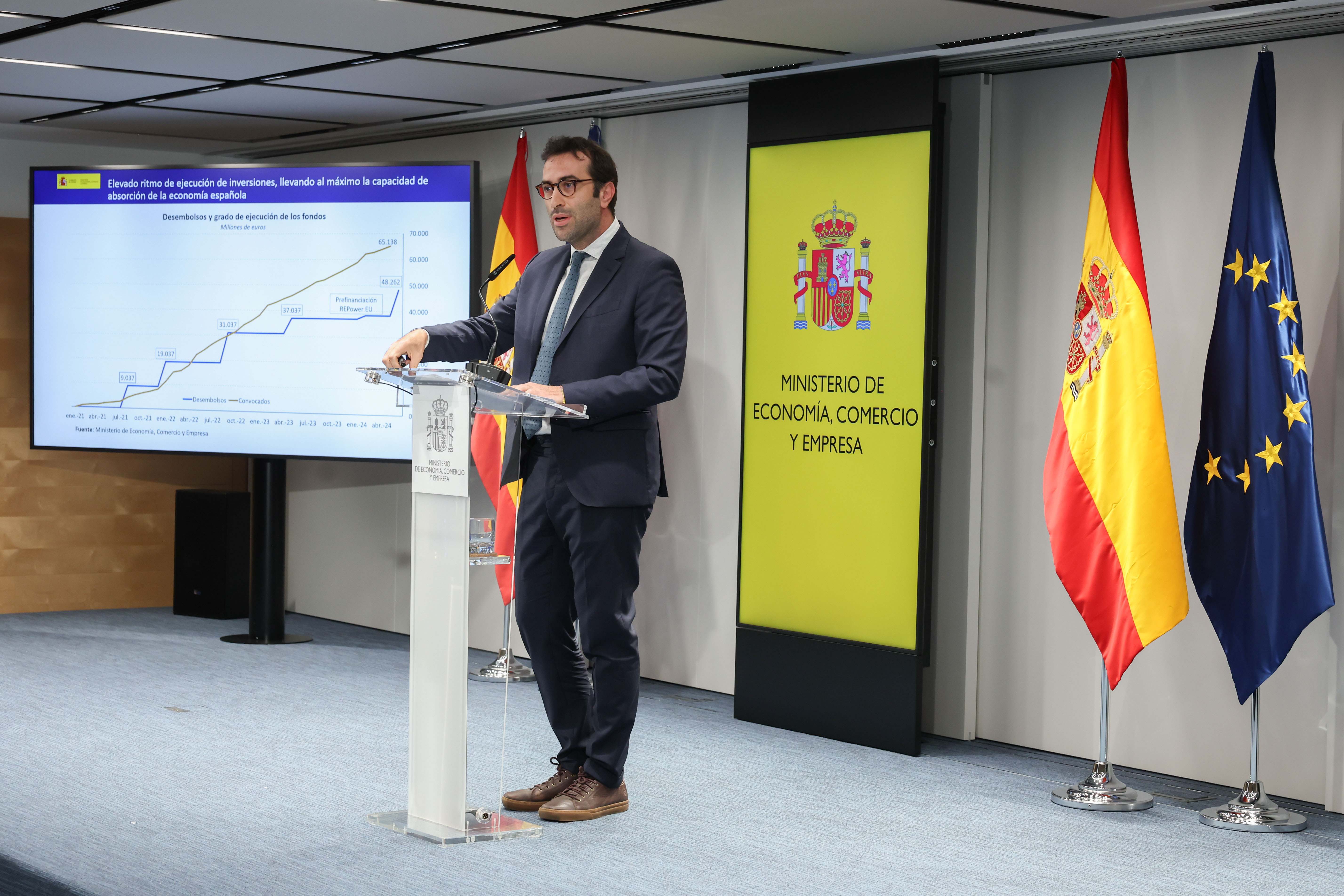 El ministro de Economía, Comercio y Empresa, Carlos Cuerpo, durante la rueda de prensa celebrada ayer en Madrid. EFE