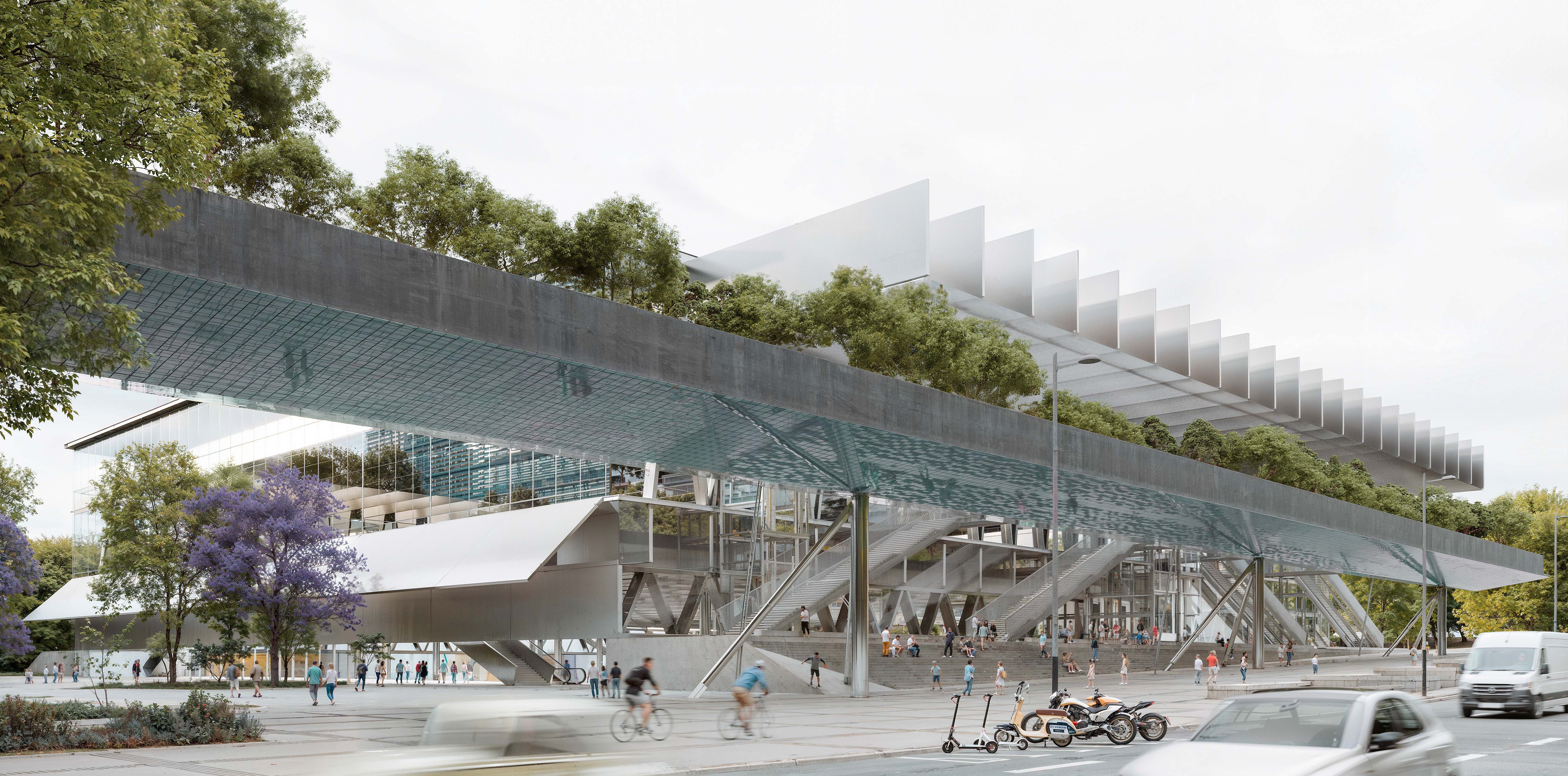 Futuro aspecto del nuevo Palacio Multifuncional de la Fira en Montjuïc. EE