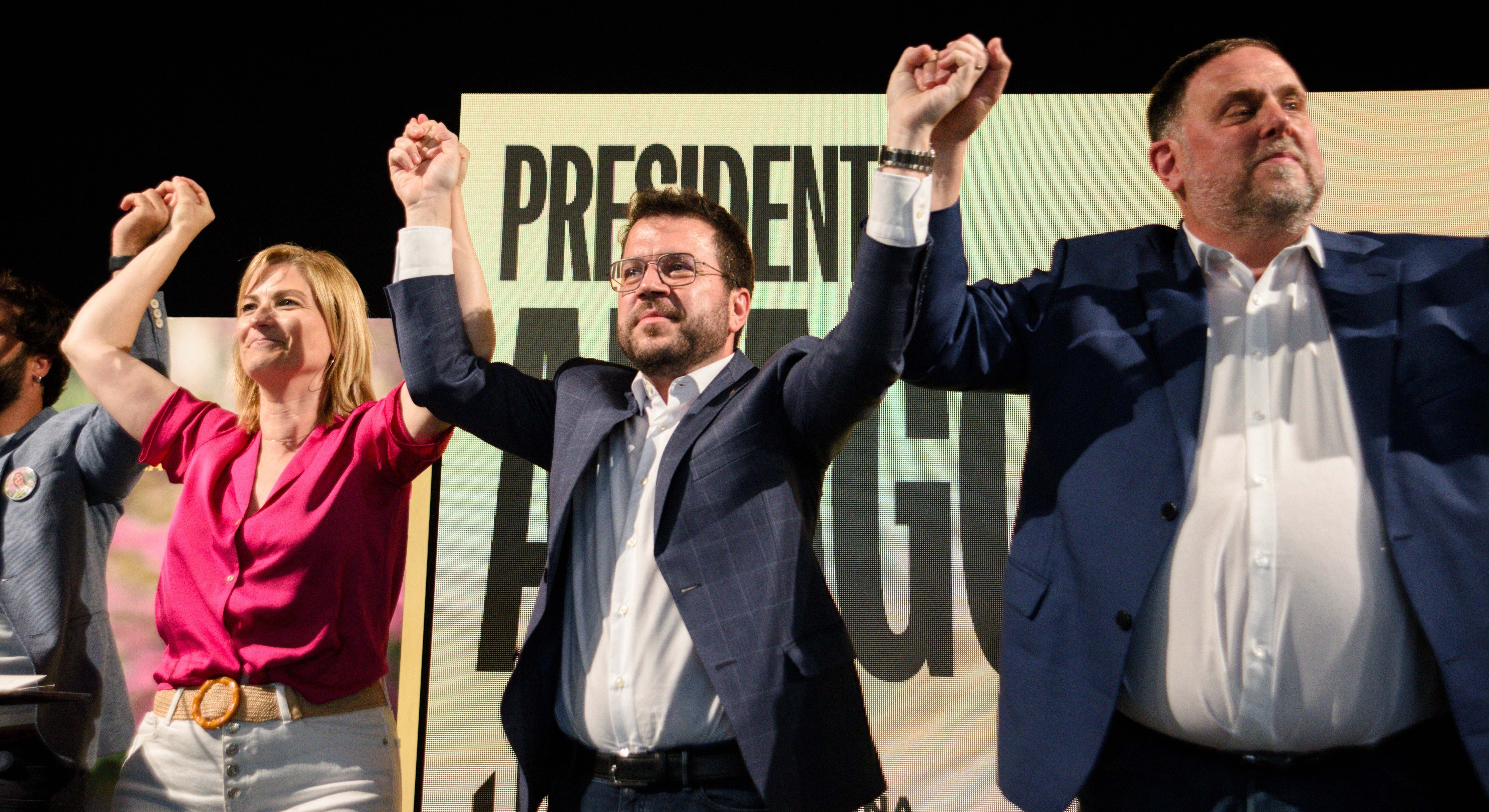 Raquel Sans, Pere Aragonès y Oriol Junqueras,