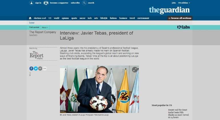 Captura de la entrevista a Javier Tebas en The Guardian EE