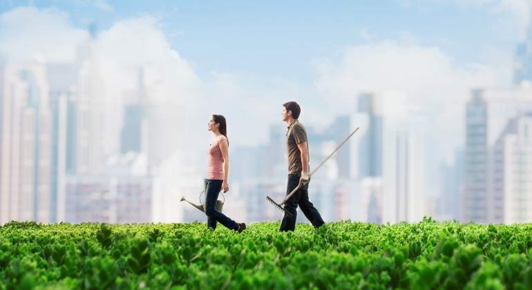 Dos personas en un huerto de ciudad