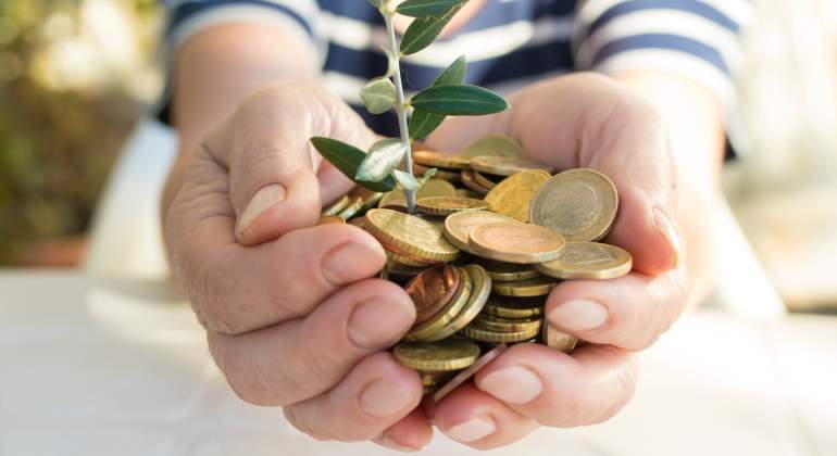 Unas manos sostienen monedas y una plantita inversin sostenible