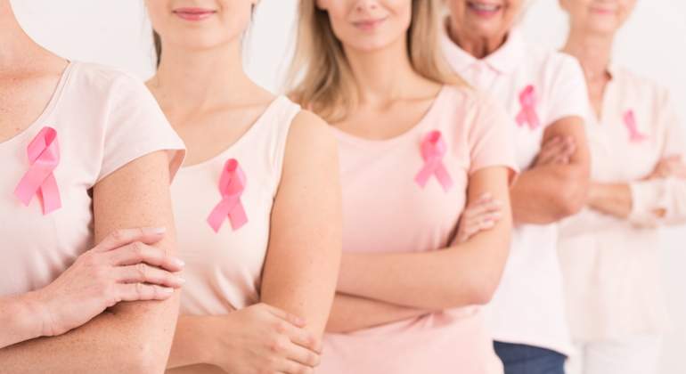 Varias mujeres vestidas de rosa y con el lazo que simboliza el cncer de mama