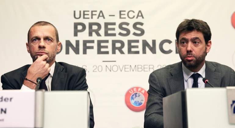 El presidente de la UEFA Aleksander Ceferin durante una conferencia de prensa conjunta con el jefe de la Asociacin de Clubes Europeos ECA Andrea Agnelli