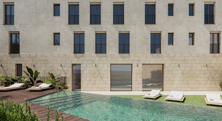 Fachada y piscina de la promocin Viria de la inmobiliaria Aedas Homes