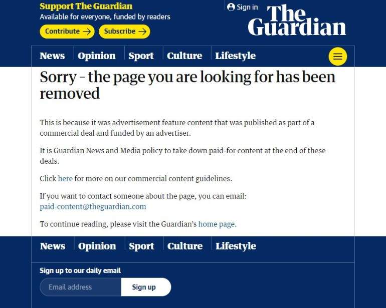 Aviso de The Guardian en el enlace de la entrevista EE
