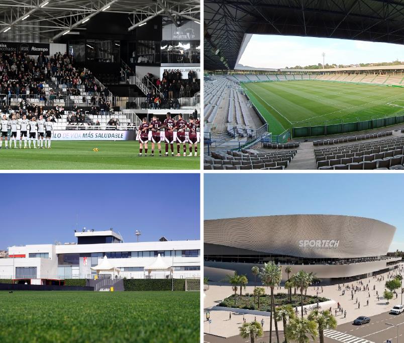 Foto: A Malata (Foto del Racing de Ferrol), Ciudad deportiva del Granada CF (Foto del Granada CF), El Plantío (Foto de LALIGA) y Sportech City (Foto del Cádiz CF)
