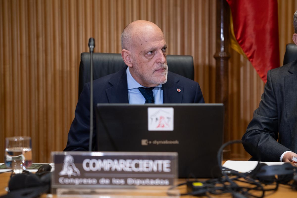 Javier Tebas Medrano, presidente de LALIGA, durante la comparecencia | Foto del Congreso de los Diputados